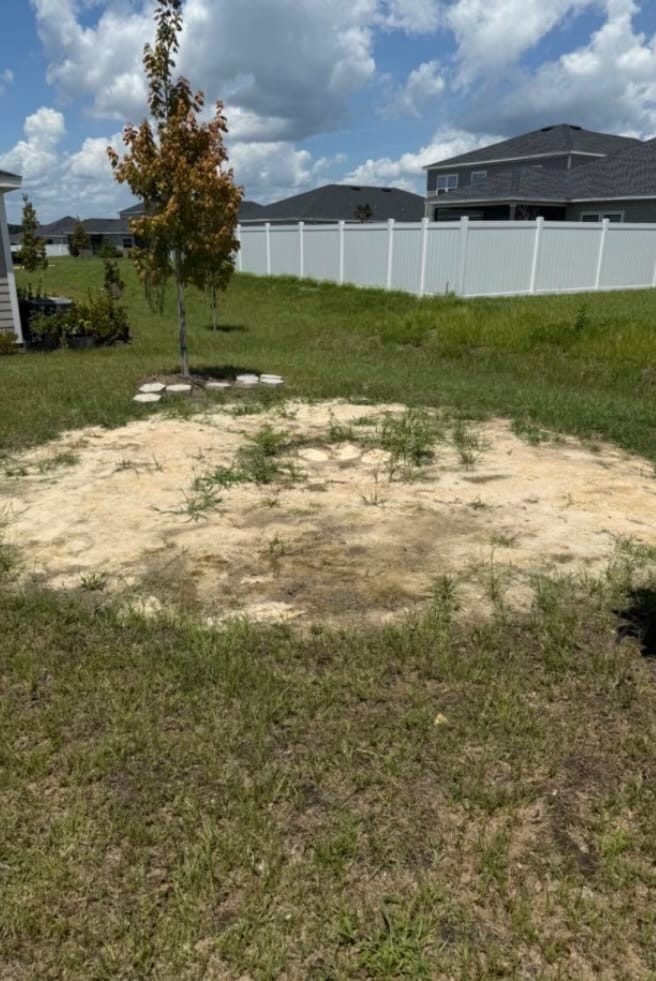 Before — a bare sandy patch around a young tree and its stepping stones in a fenced back yard.