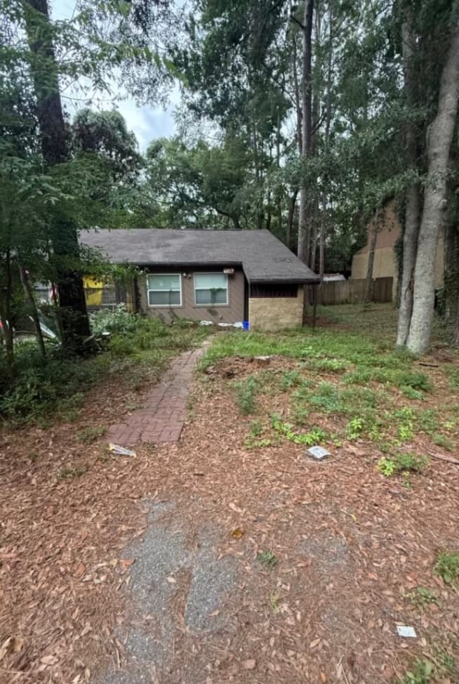 Before — a front yard buried in weeds and vines, the brick walk to the door mostly covered.